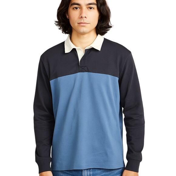 L.L. Bean Men’s Rugby Shirt Large Reg Blue Colorblock Cotton Pullover - Picture 1 of 6